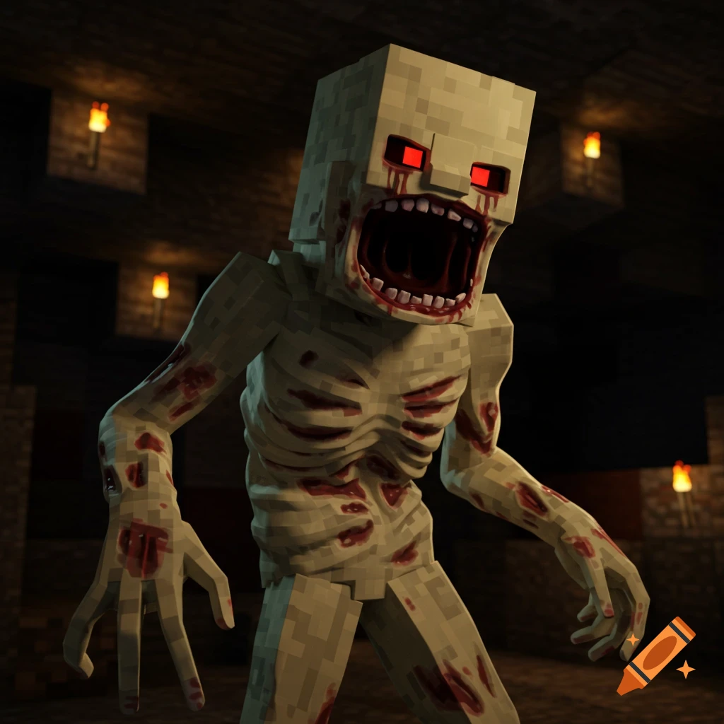 A blocky, twisted humanoid creature with red eyes and an open screaming mouth stands in a dark cave, rendered in a Minecraft style.