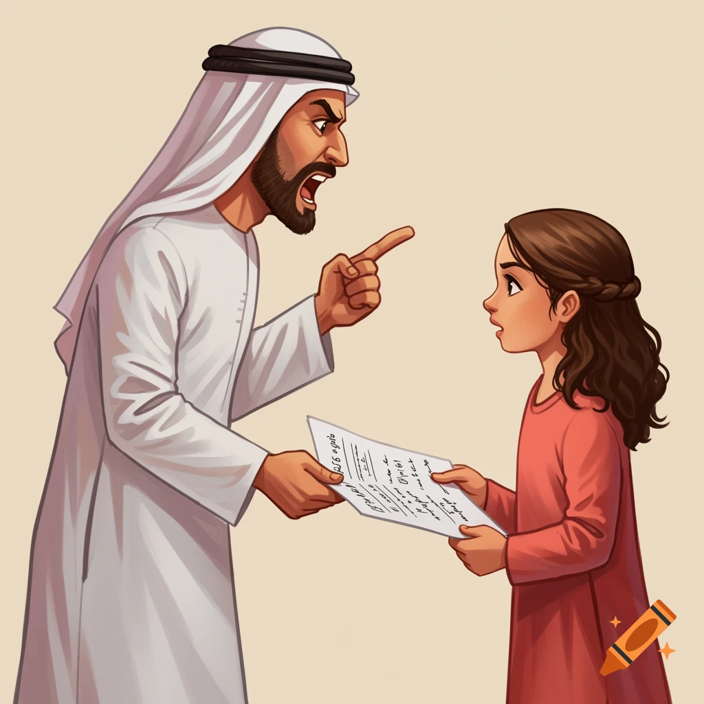 Digital illustration of an angry Arab father yelling at his daughter holding a test paper.