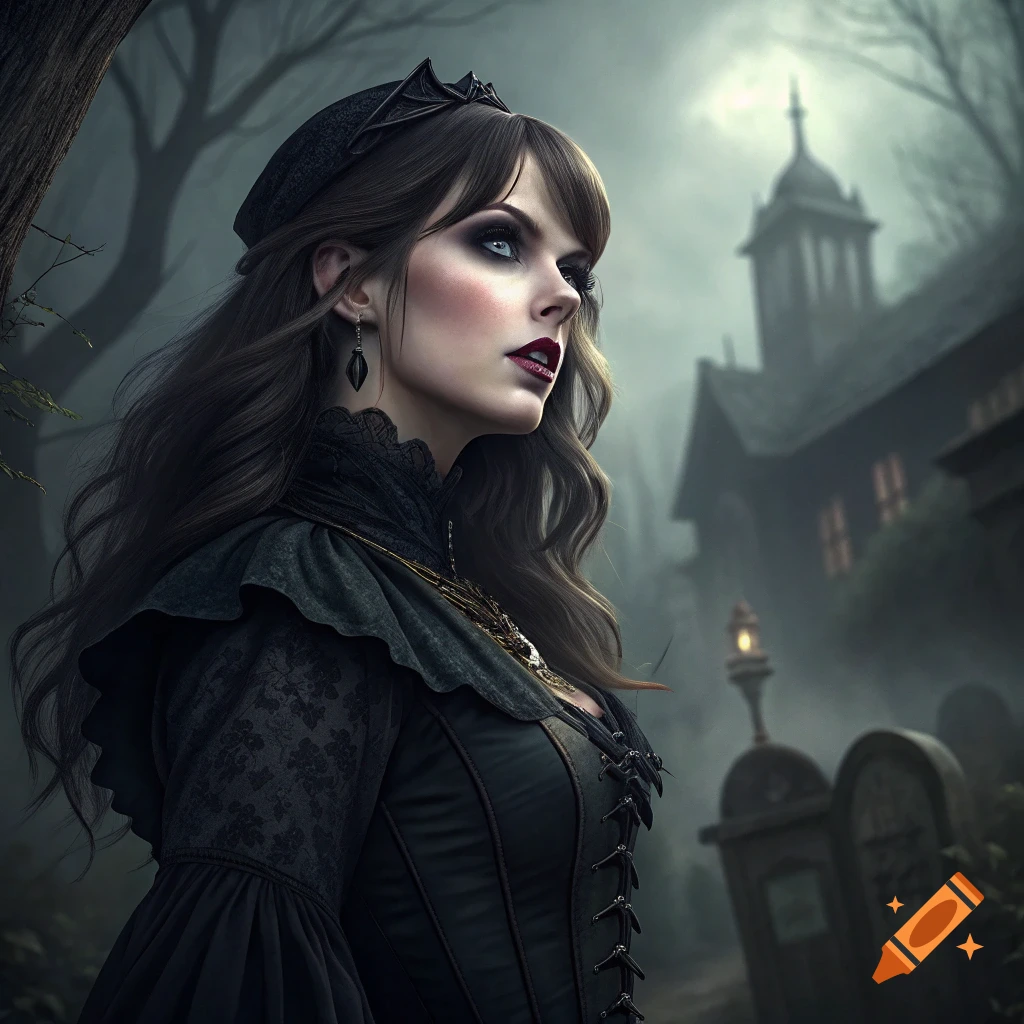 Portrait of a woman in gothic dress and crown in a spooky cemetery