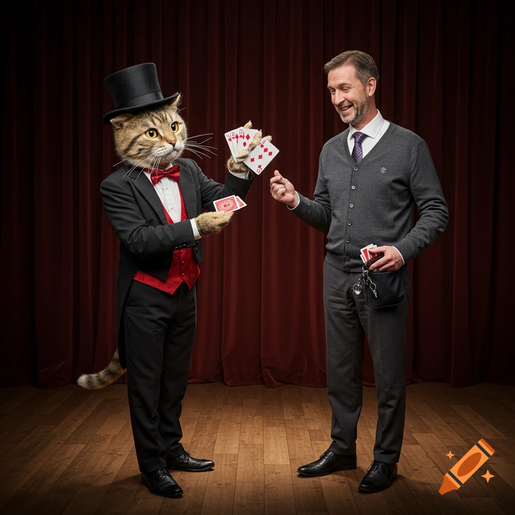 A cat dressed as a magician performs a card trick for a man on a stage.