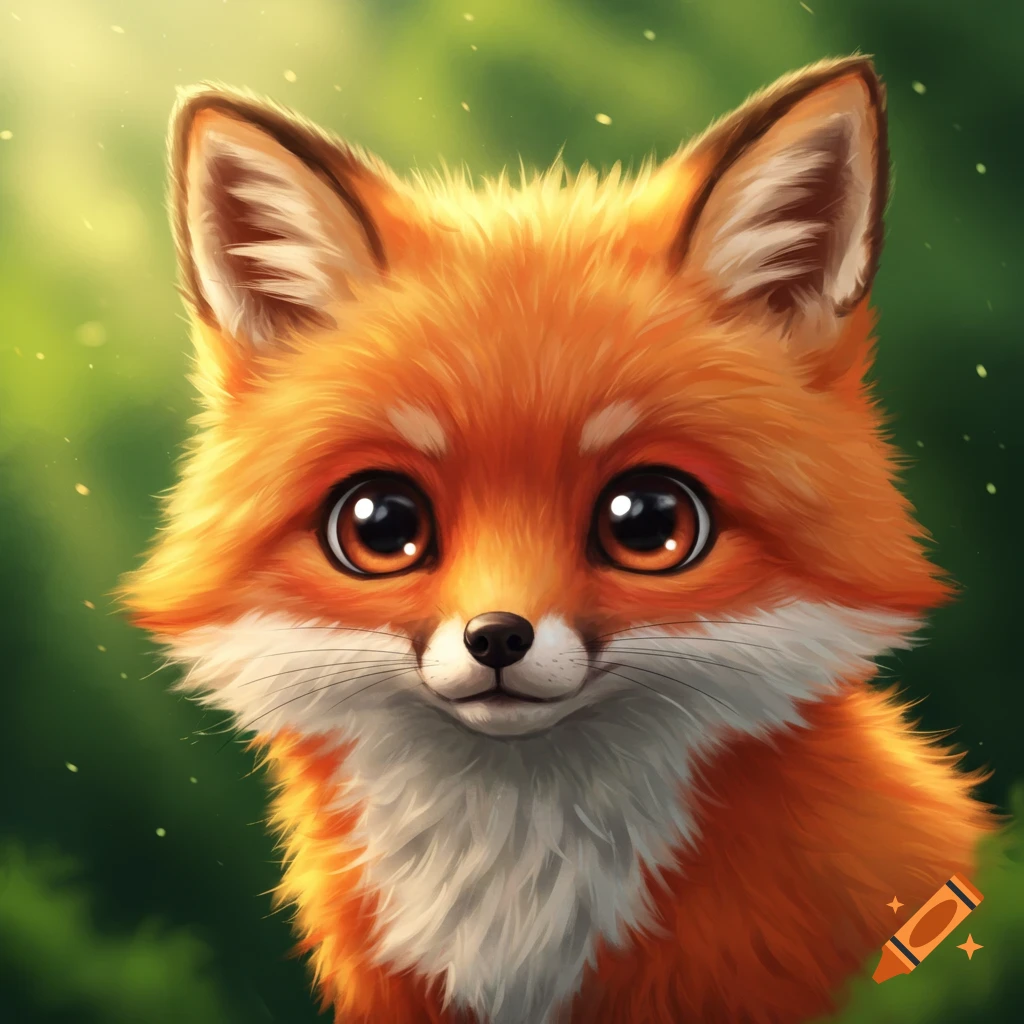 Cute fox face with large eyes against a green background.
