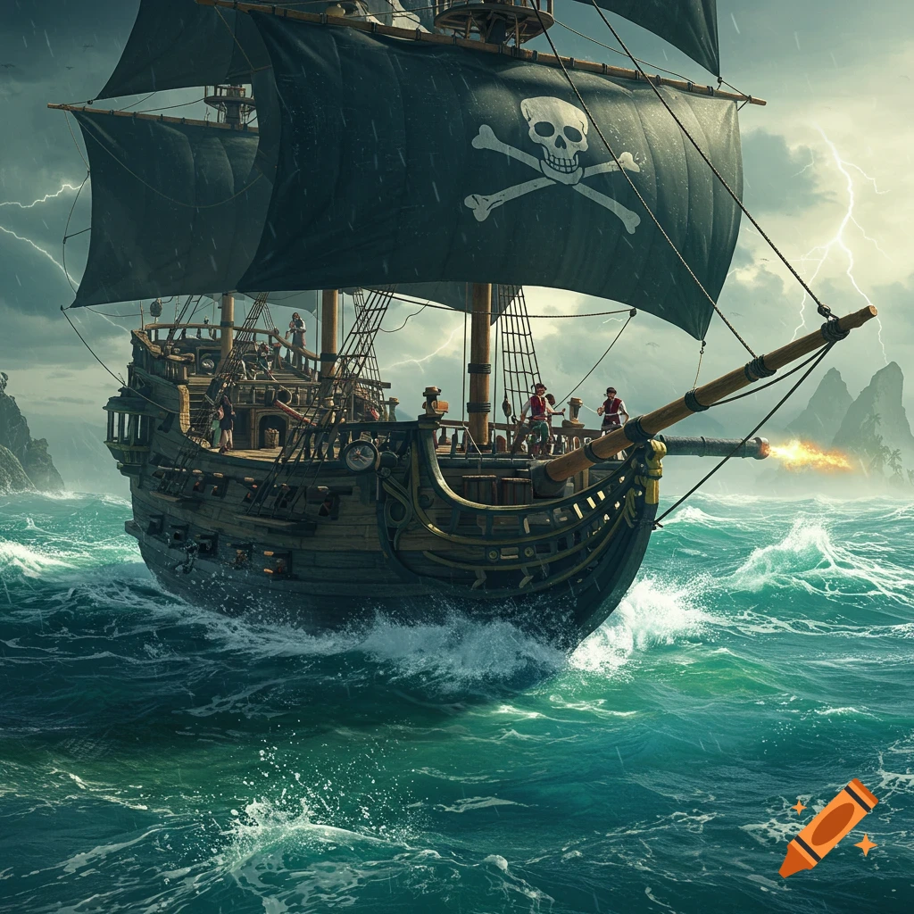 A pirate ship with skull and crossbones sails through a stormy sea with lightning.