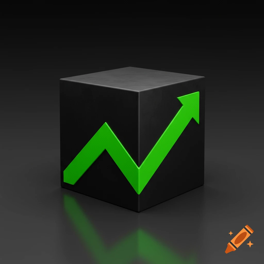 A black cube with a green upward arrow on a dark background