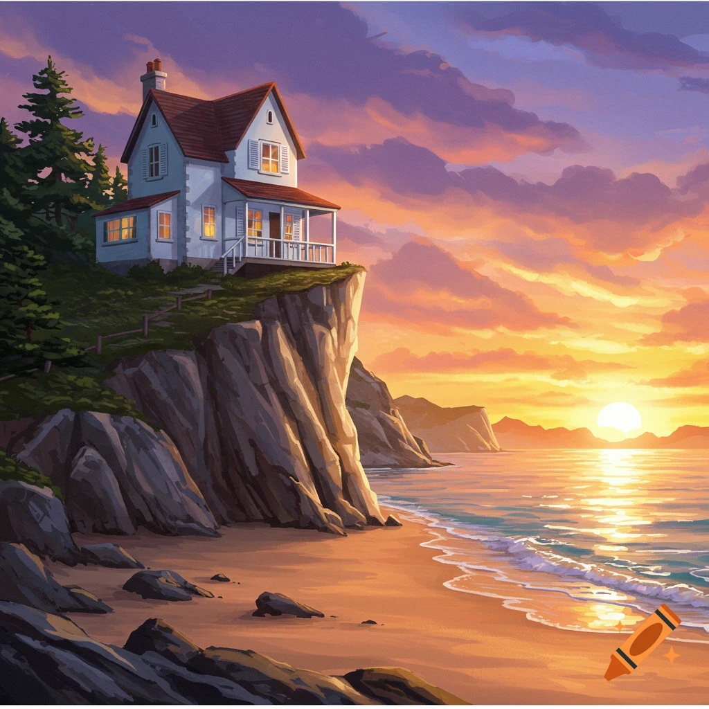 A white house sits on a cliff overlooking a beach and ocean at sunset.