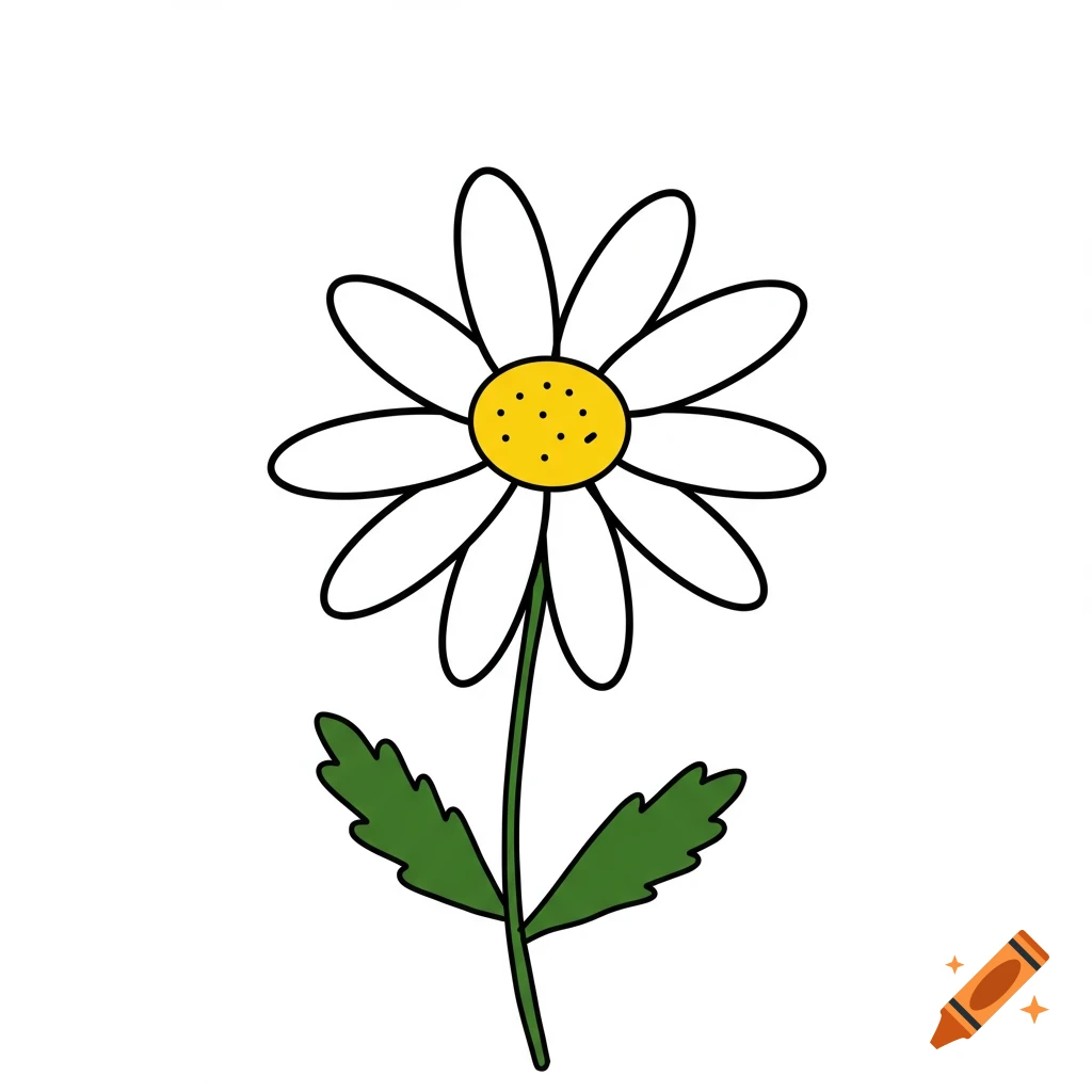 A simple line drawing of a white daisy flower with a yellow center and green stem and leaves.
