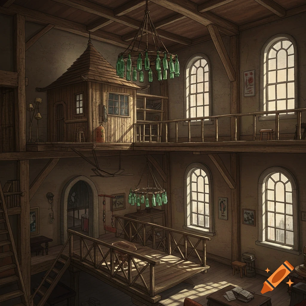 Illustrated interior of a multi-level Brooklyn apartment with lofts, a small structure resembling a pagoda, a drawbridge, arch windows, and bottle chandeliers.