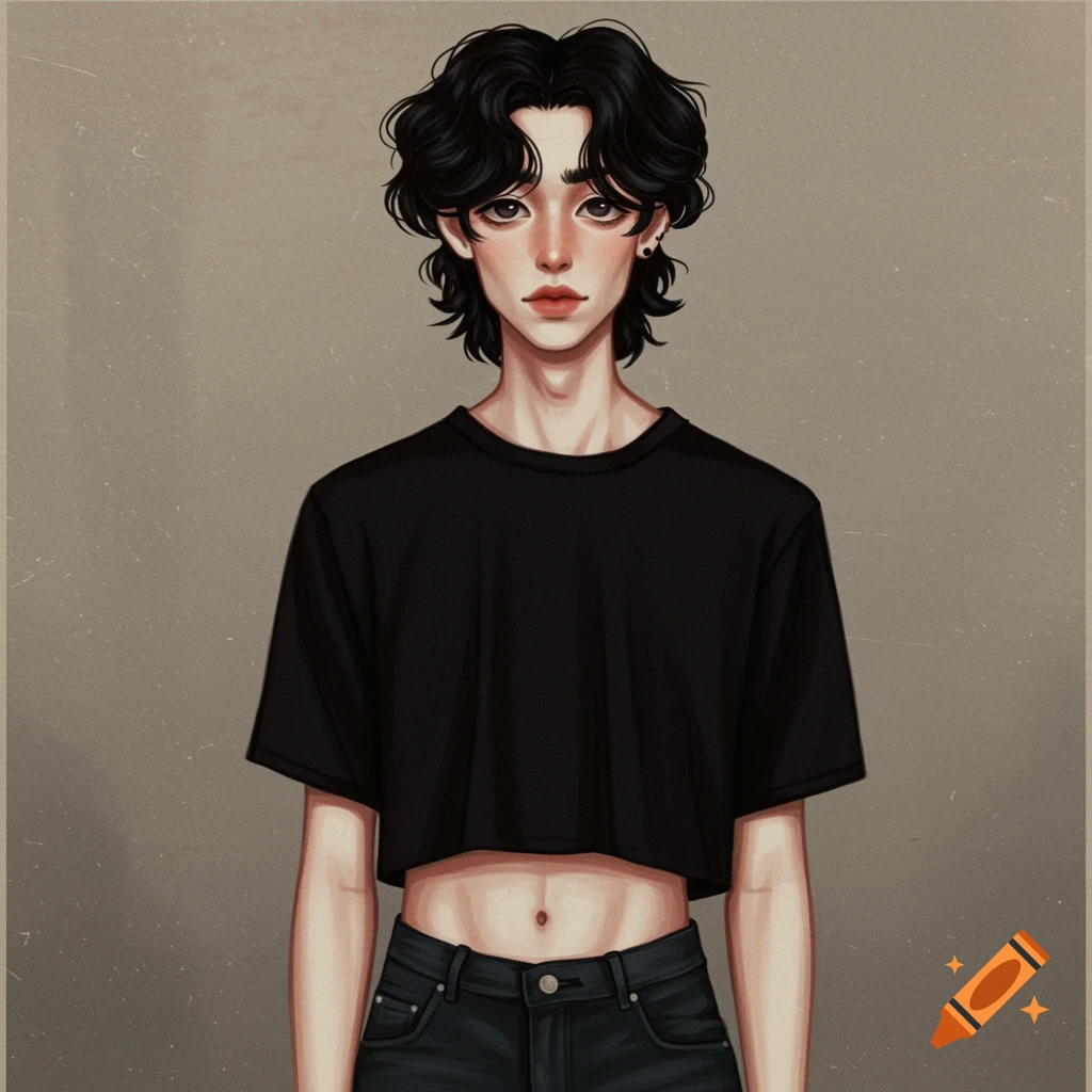 A person with black hair is wearing a black crop top and jeans in a soft, painterly anime style.