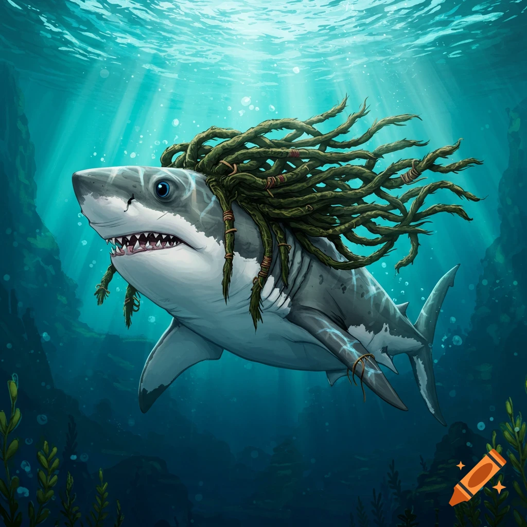A shark with green dreadlocks swimming underwater with sunbeams.