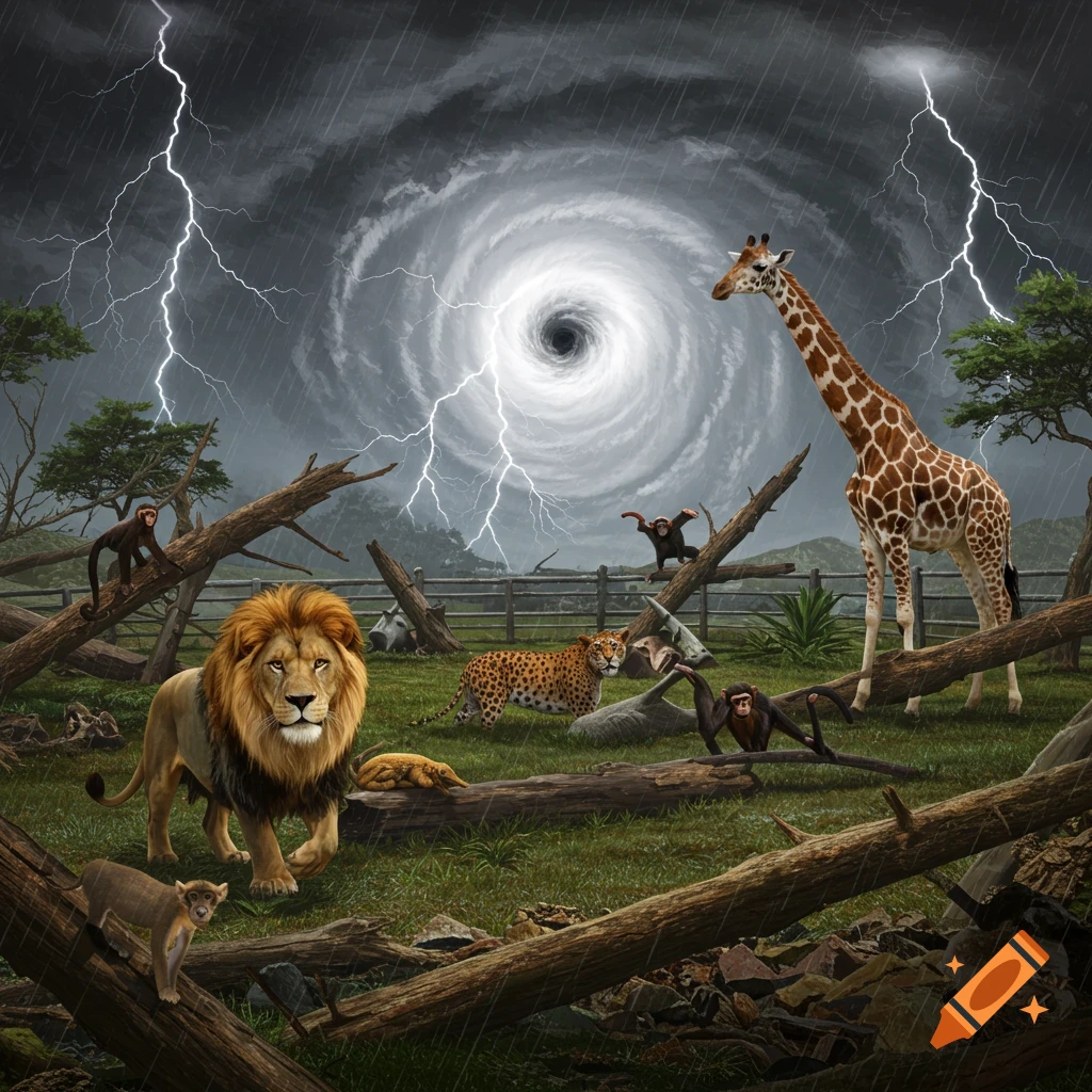 Various animals including a lion, leopard, giraffe, and monkeys in a landscape during a hurricane with lightning.