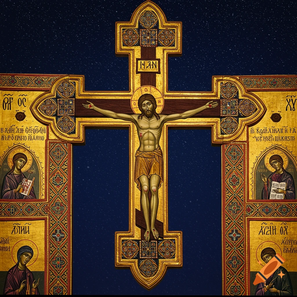 Byzantine style crucifix with Christ and surrounding icons on a dark blue background.