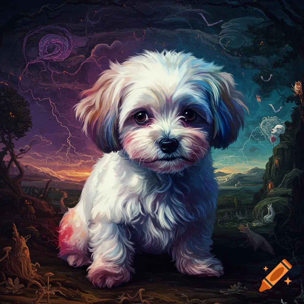 A fluffy white dog sits in a dark, surreal landscape with lightning and strange forms.