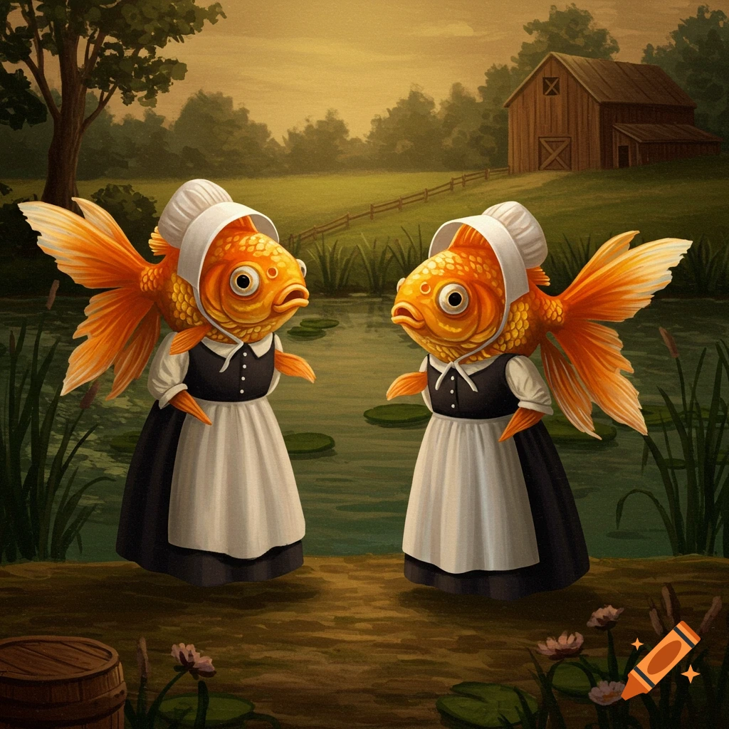 Two goldfish in Amish attire standing by a pond.
