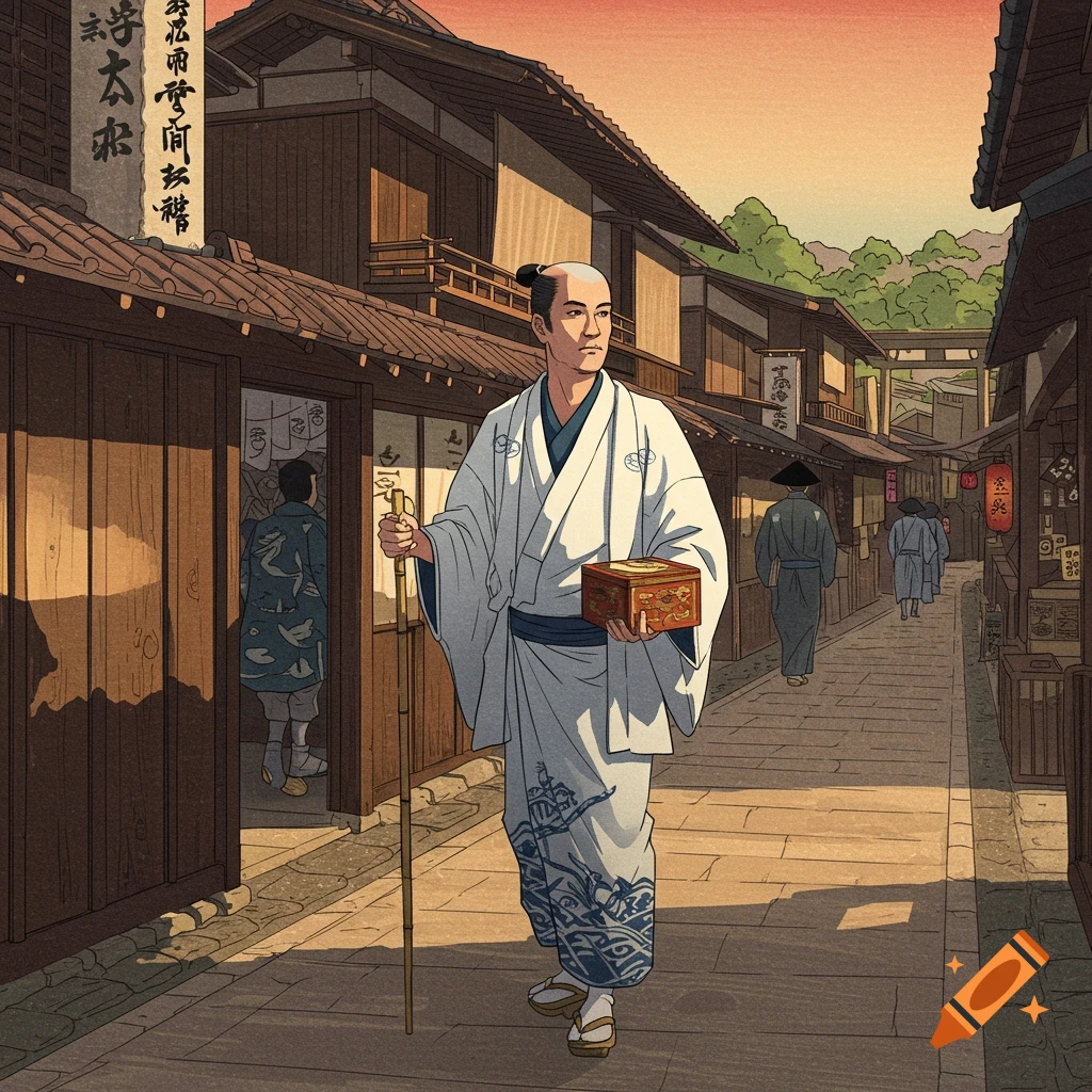 A man in traditional Japanese clothing walks down a street in a Ukiyo-e style painting.