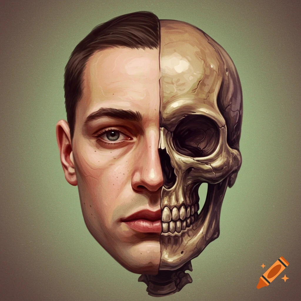 A face split vertically, half human and half skull.