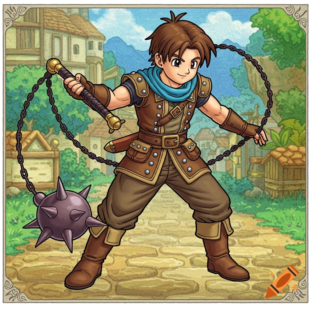 A young male character in a Dragon Quest-style illustration stands ready with a spiked flail weapon in a town.