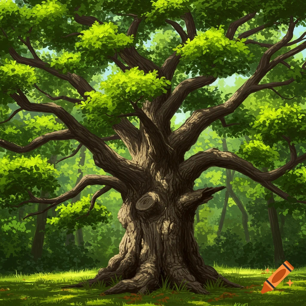 A large, gnarled tree stands in a forest clearing.