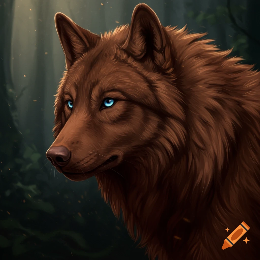 A chocolate brown wolf with striking blue eyes is in a forest.