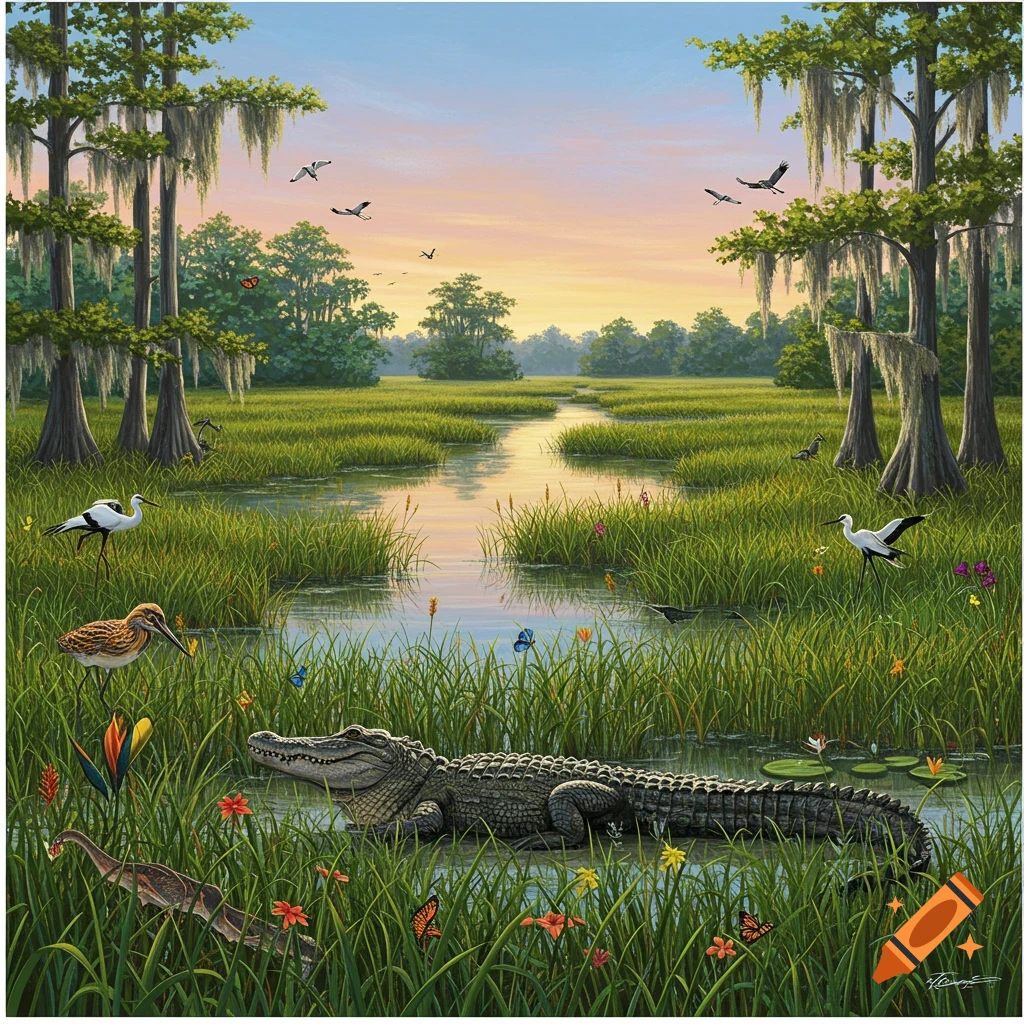 An alligator in an Everglades swamp with birds and cypress trees at sunset.