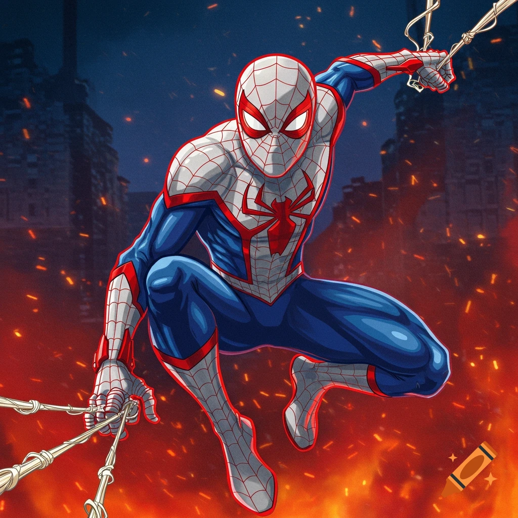 An illustration of Spider-Man in a custom white, blue, and red suit, posing against a city skyline with fire.