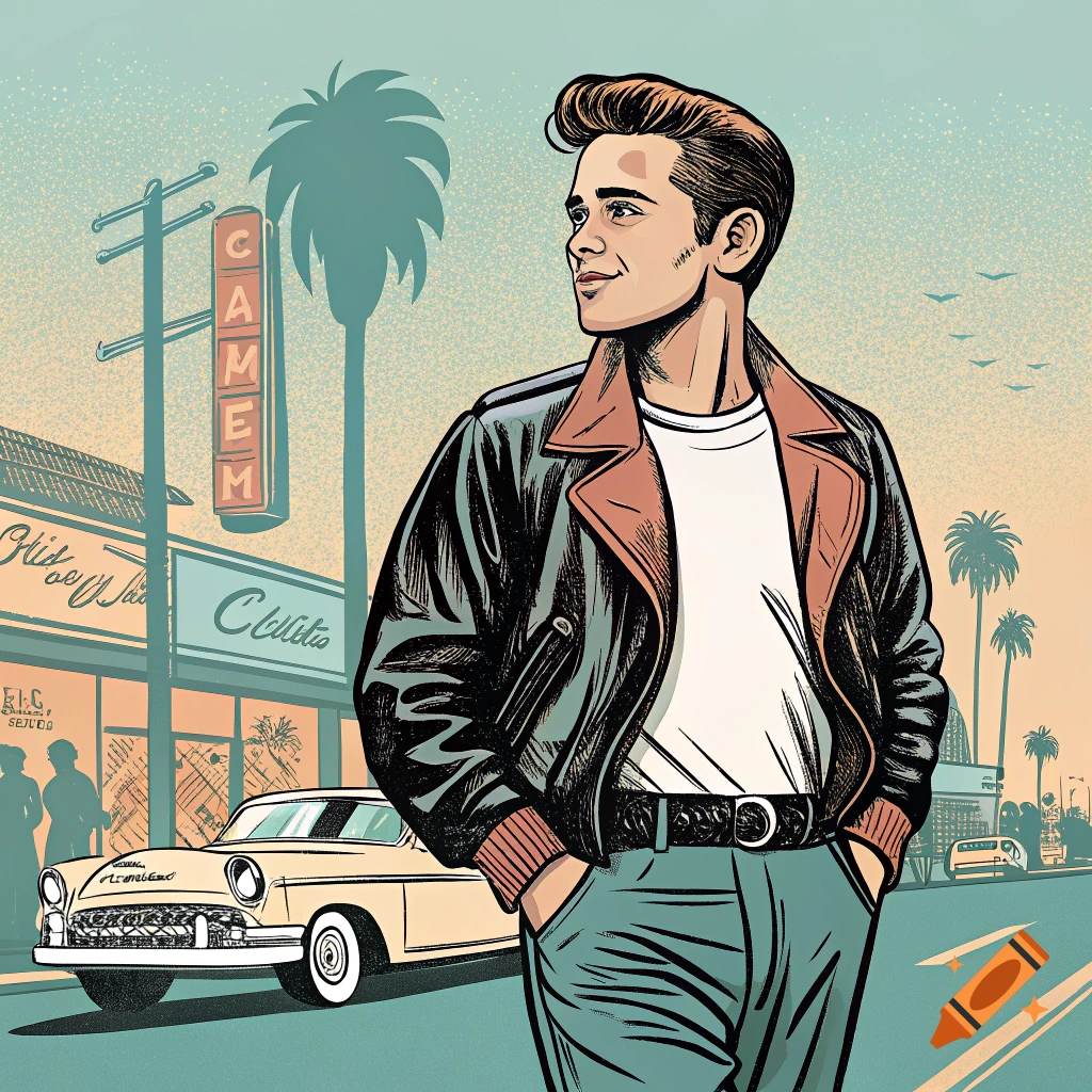 An illustration of a man in a leather jacket standing on a street with a vintage car and buildings in the background.