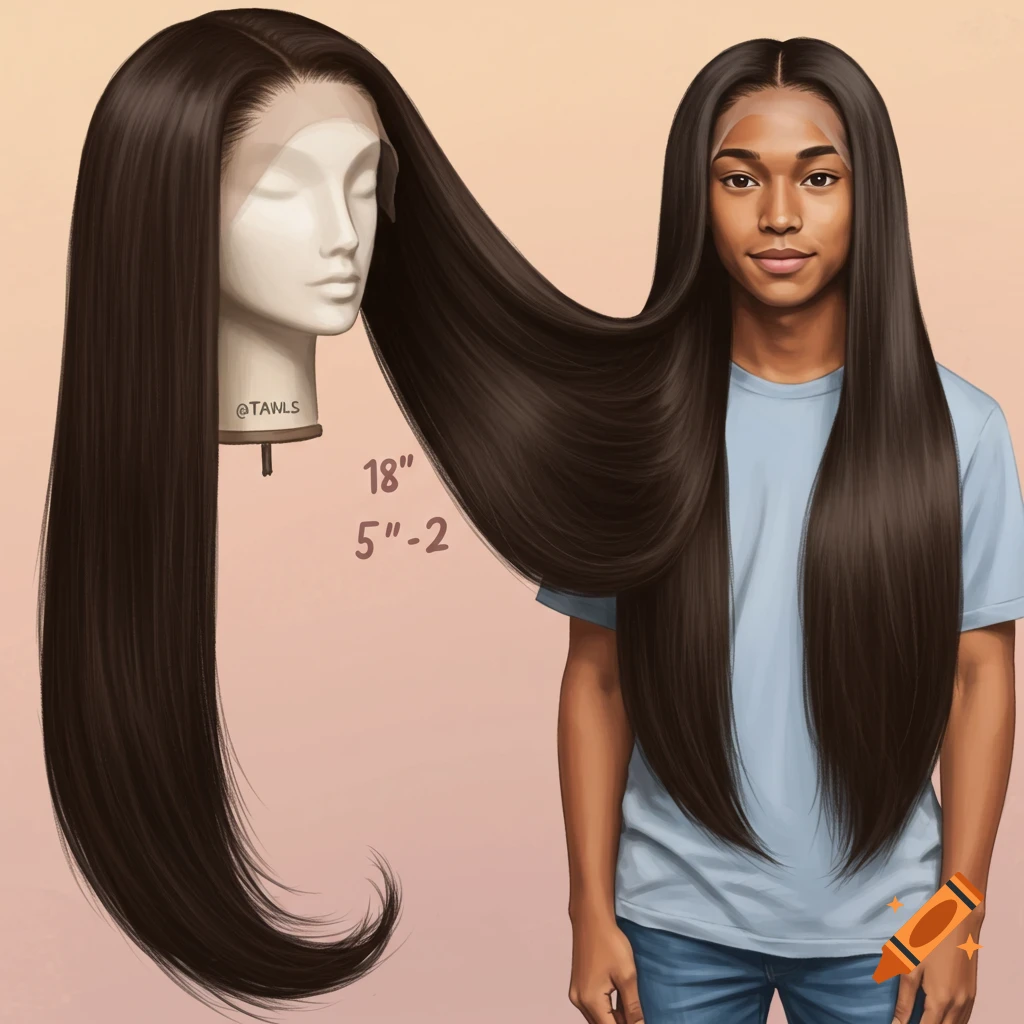 an 18-inch long dark wig on a mannequin next to a person who is 5'2".