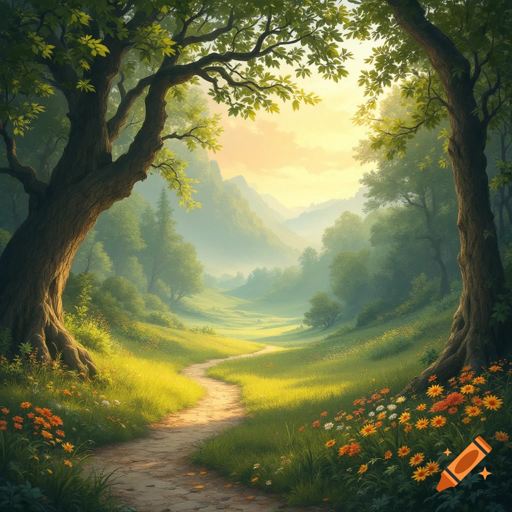 A sunny forest path winding through a valley with trees and wildflowers.