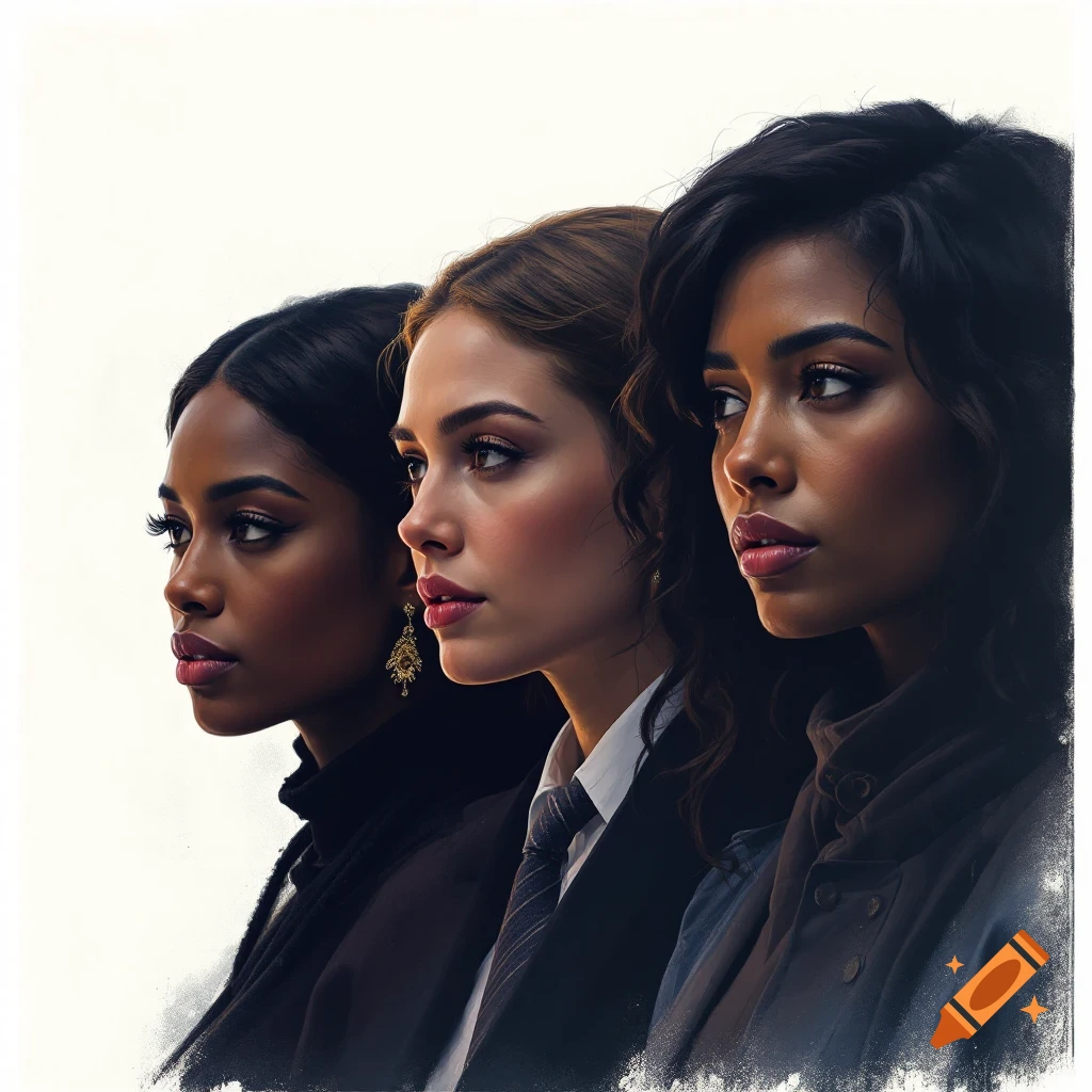 Three women in profile looking left.