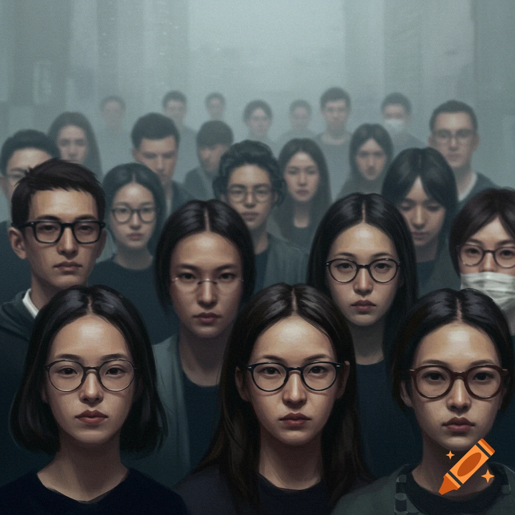 A blurry crowd of diverse people wearing glasses with a dystopian feel.