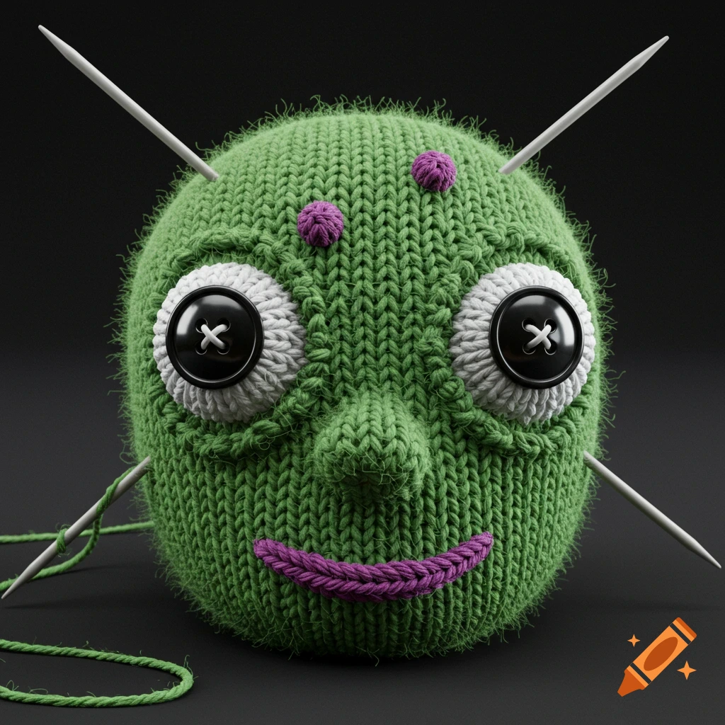 Close-up of a green knitted alien head with button eyes and knitting needles