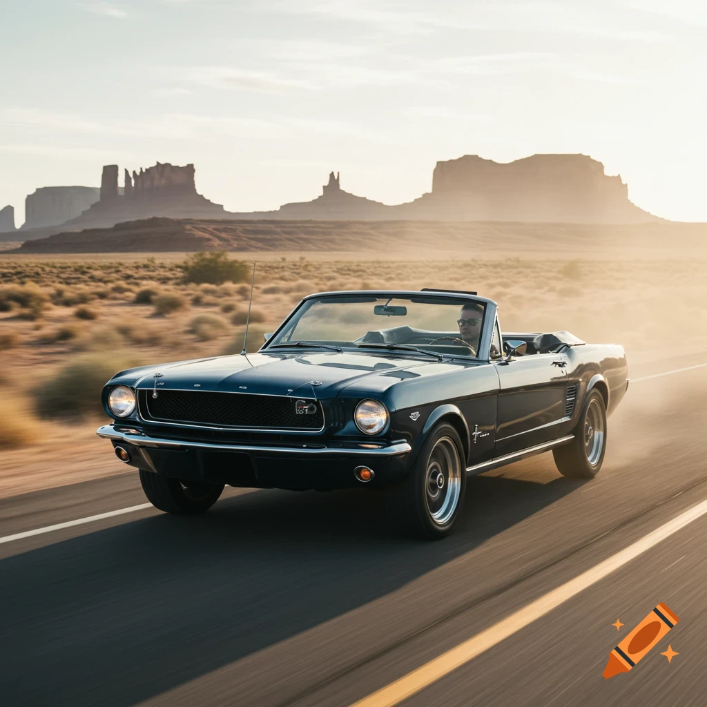 A dark classic convertible drives on a road through a desert landscape with mesas in the background.
