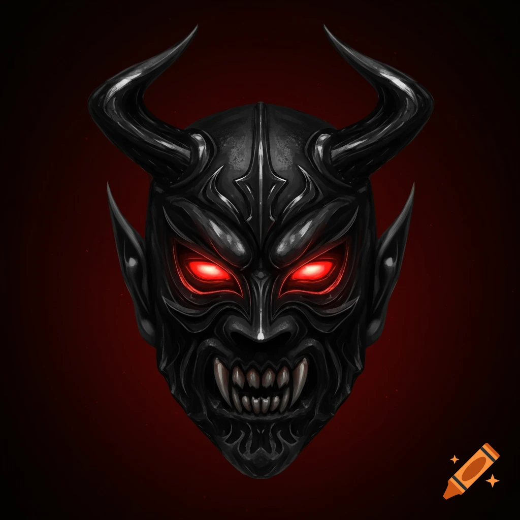 A black demonic mask with horns, red eyes, and fangs