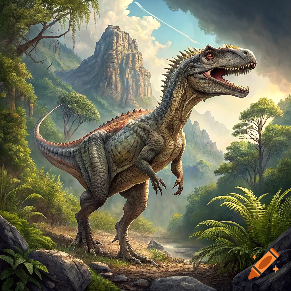 A large dinosaur stands in a lush prehistoric jungle landscape with mountains.