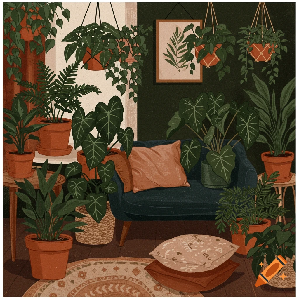 A cozy living room filled with many potted plants, a blue couch, and a patterned rug.