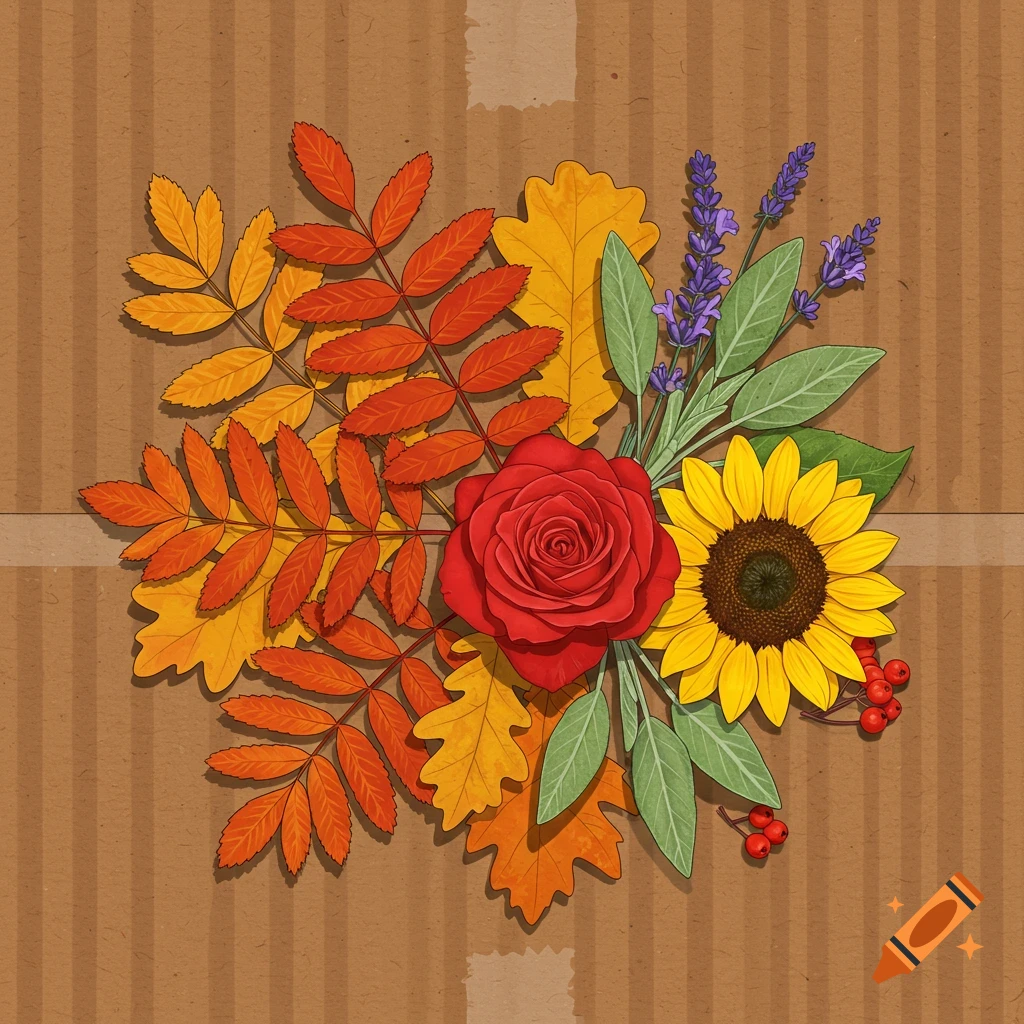 A bouquet of autumn leaves, a red rose, sunflower, lavender, and berries on a cardboard background.
