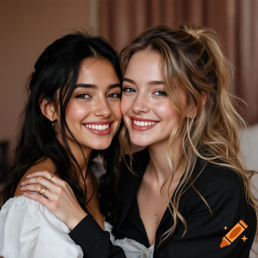 Close-up portrait of two young women smiling at the camera.