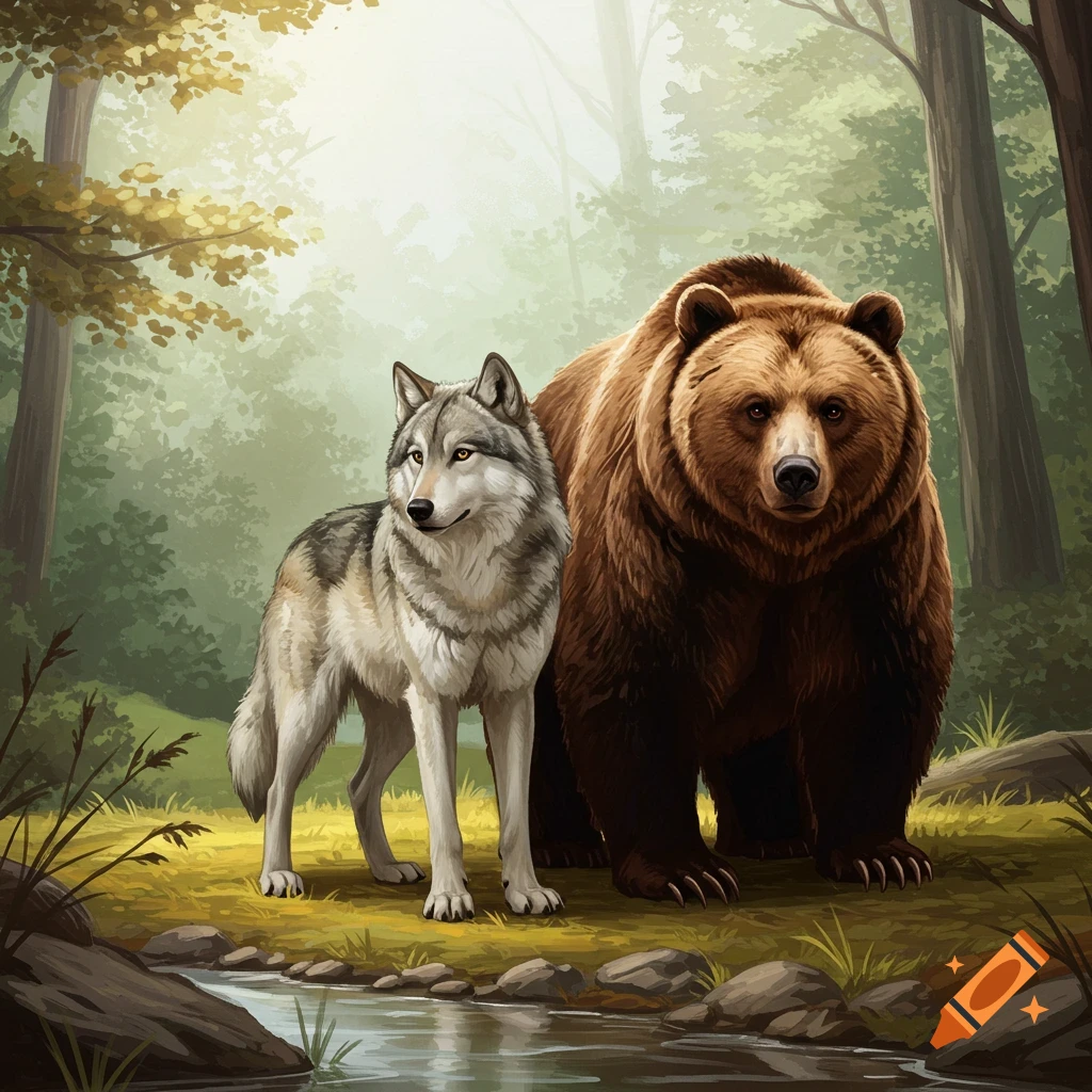 A wolf and a bear stand side-by-side in a forest.