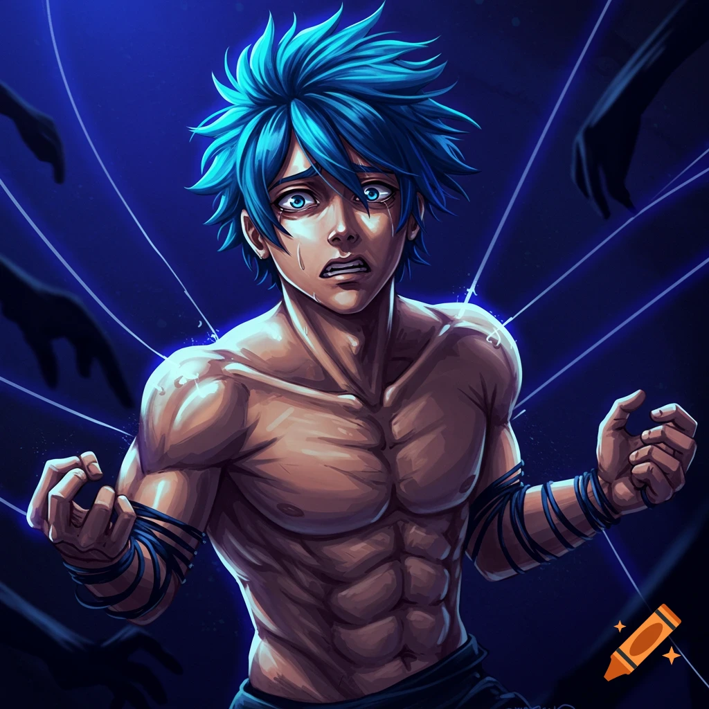 Illustration of a distressed shirtless anime man with blue hair held by dark hands and glowing lines.