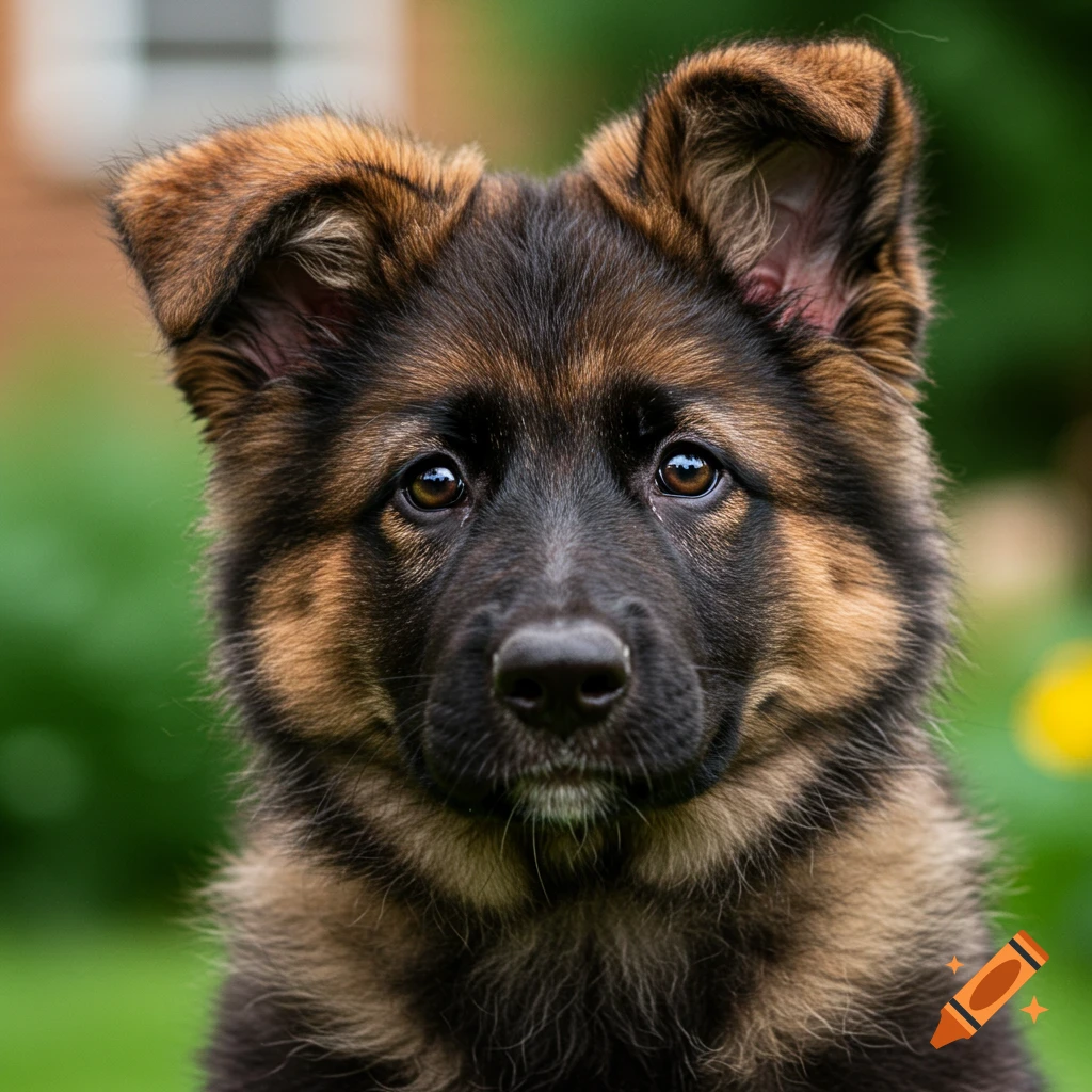 Close-up portrait of a cute German Shepherd puppy looking at the camera.