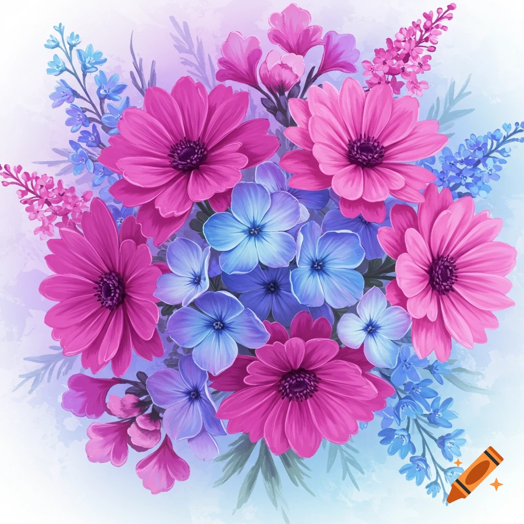 Picture of pink, purple, and blue flowers.