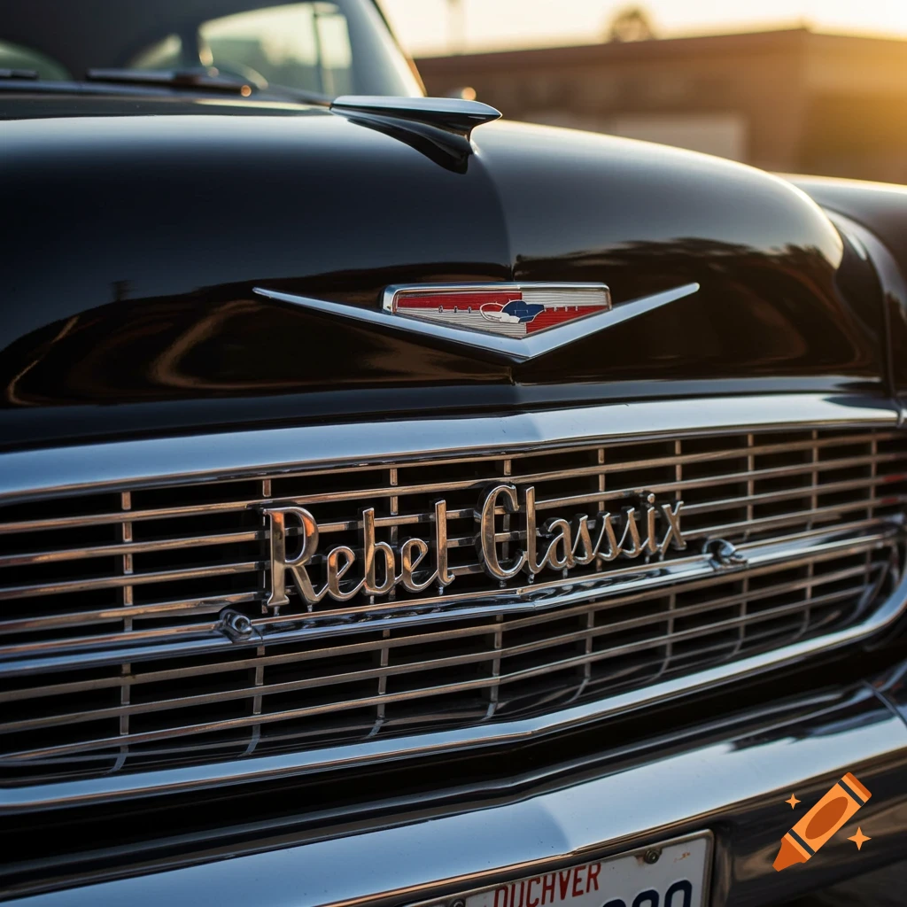 Close-up photo of a black classic car grille with 'Rebel Classix' text during golden hour