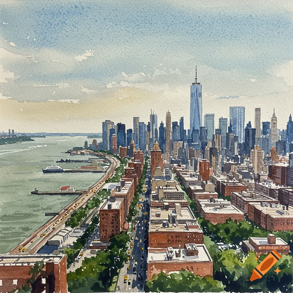 Watercolor painting of a bustling city skyline along a river, showing buildings, streets, and a prominent skyscraper.