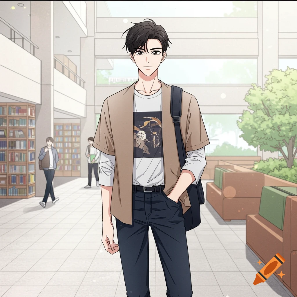 Manhwa style illustration of a male university student standing in a library.