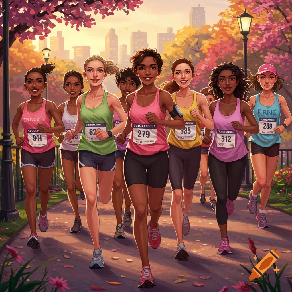 Vibrant image of diverse women running a race in a park with a city background.