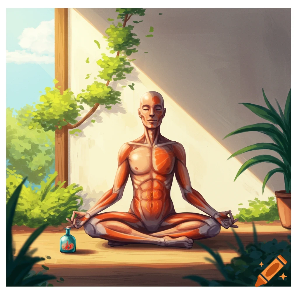 An anatomical figure meditating in a cross-legged position amidst lush plants.