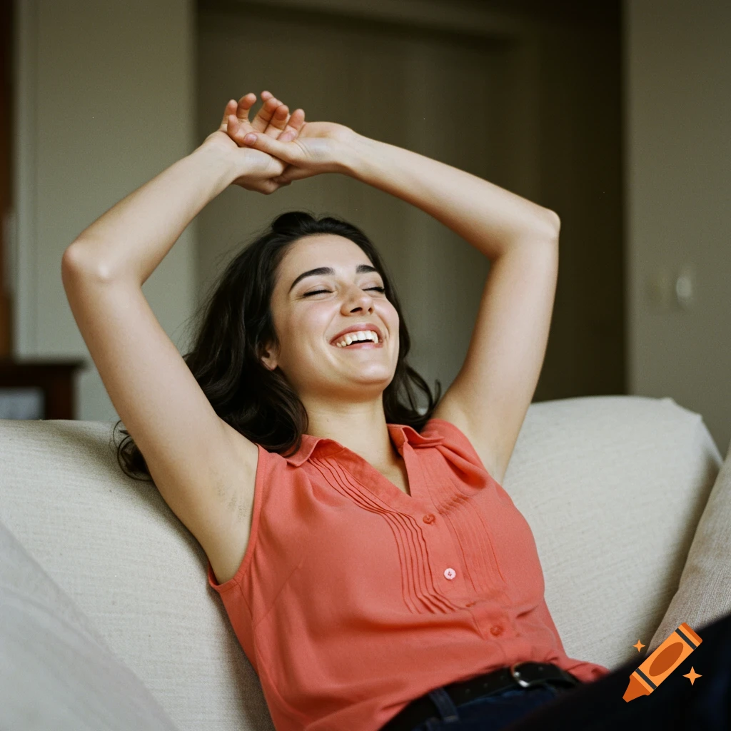 A brunette woman laughs while stretching her arms above her head on a couch.