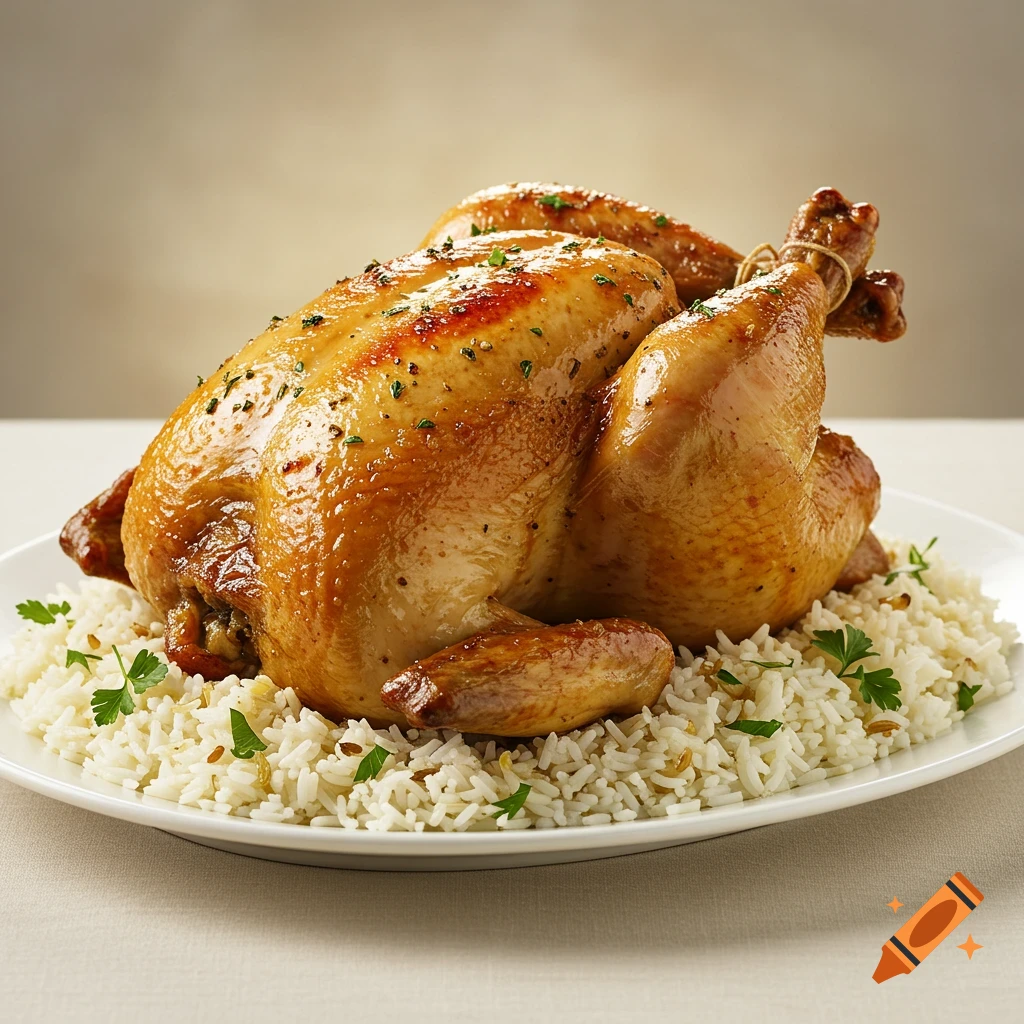 A roasted chicken on a bed of rice on a white plate.