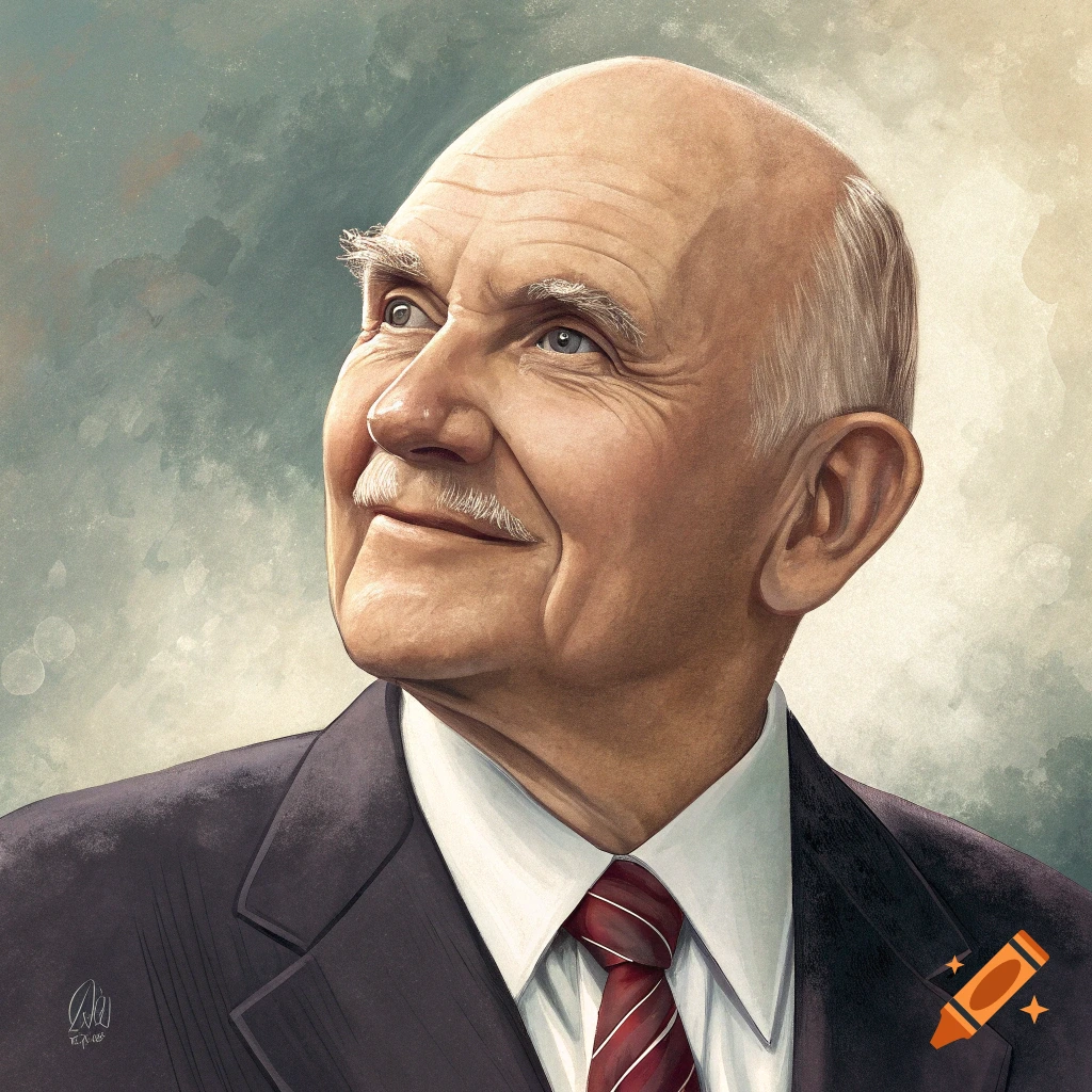 Painted portrait of a man with a mustache in a suit, looking upwards.