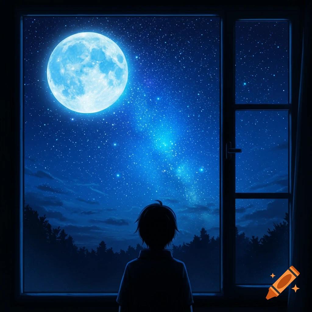 Silhouette of a person looking out a window at a full moon and starry night sky.