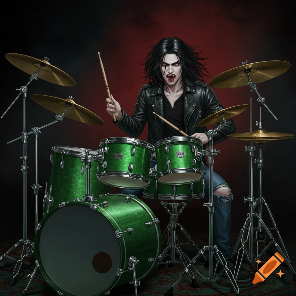 A vampire rock drummer is playing a green drum set.