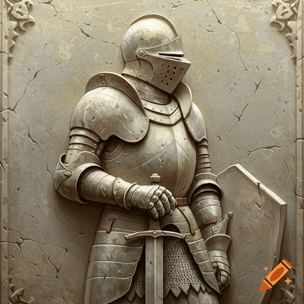 A stone bas-relief carving of a knight in armor holding a sword and shield.